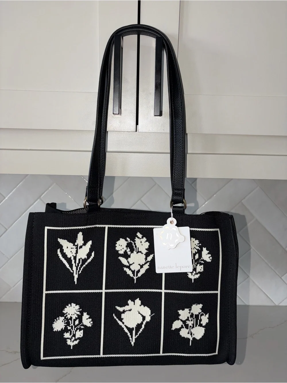 Nanette Lepore Lucia Black botanical embroidery look Tote with Gold Accents NWT